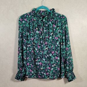 03565 J. Crew navy floral Drapey Tie Neck Ruffle blouse S